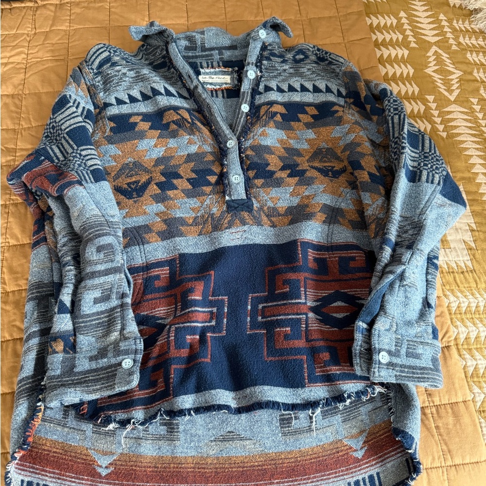 We The Free Blue Gray Rust Aztec Pullover Hoodie
